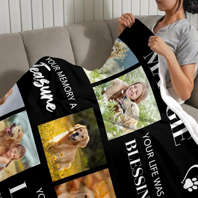Custom Throw Mermorial Blanket with Dog Cat Pet Pictures & Name, Dog Memorial Blanket Personalized Memory Gift for Family and Friends Customized Bed Throw Blanket Sympathy Remembrance Made in USA