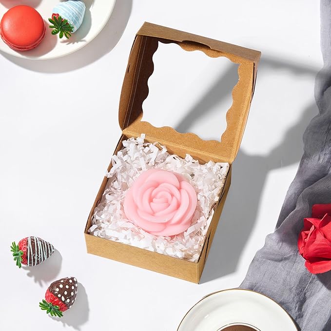 JCXGRVC 50 Count 3"x3"x1.5" Small Brown Paper Gift Boxes with Clear Window for Soap, Cookies & Chocolates Truffles & Showcase Your Homemade Treats