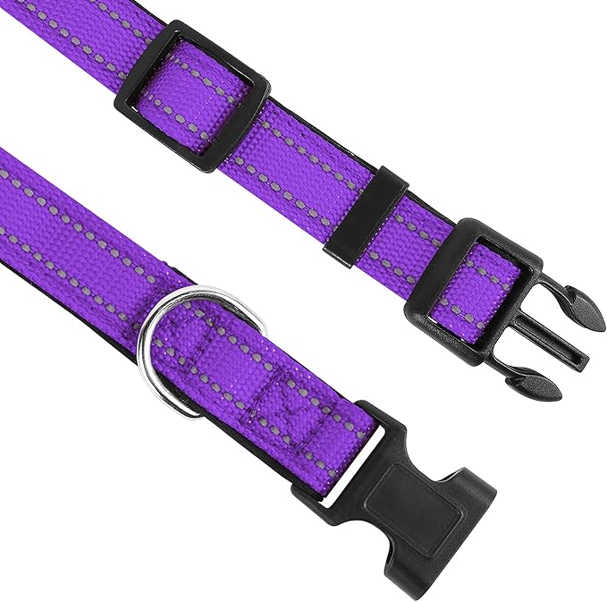 Reflective Dog Collar, Adjustable Soft Neoprene Padded Nylon Pet Collars with Buckle for Small Dogs, Purple,S
