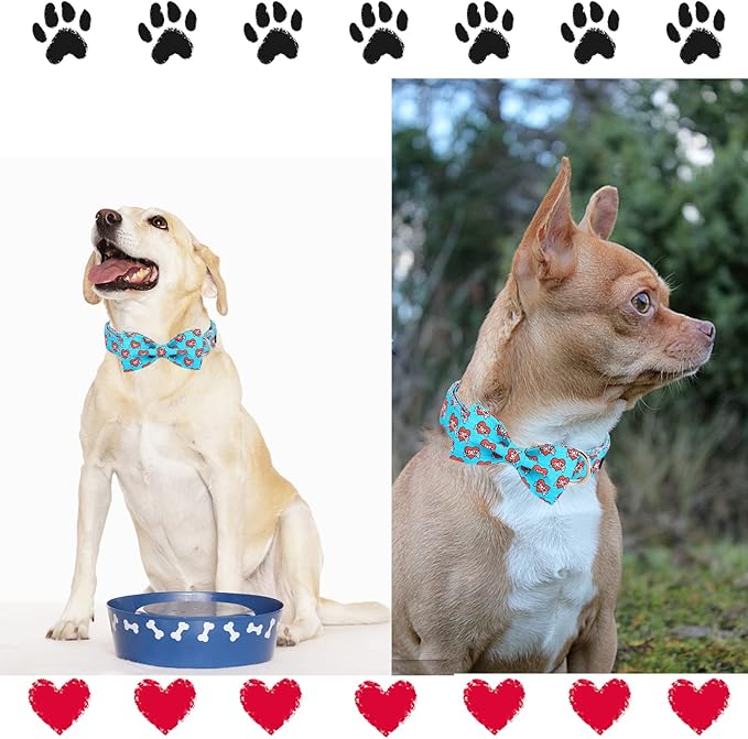 Unique style paws Valentine's Day Dog Collar with Bow Tie Blue Heart Puppy Collar Best Gift for Small Medium Large Boys Girls-S