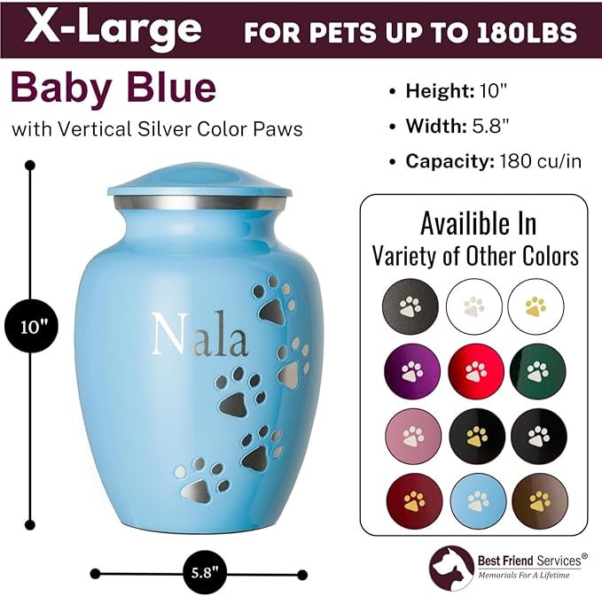 Pet Urn for Dogs and Cats with Personalized Laser Engraving, Ottillie Paws Premier Series Memorial Urns (X-Large Baby Blue with Vertical Pewter Paws)