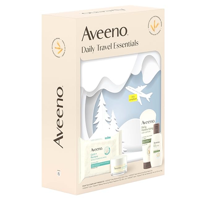 Aveeno Daily Travel Essentials Gift Set with Daily Moisturizing Lotion, Daily Moisturizing Body Wash, Calm + Restore Makeup Removing Wipes, & Calm + Restore Oat Gel Moisturizer, 4 items