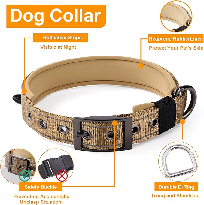 Annchwool No Pull Dog Harness,Heavy Duty Reflective Collar & Leash Set-Leash with Double Handle & Car Seatbelt Clip-Easy Control for Walking Training Medium Large Size Dogs(Brown,XL)