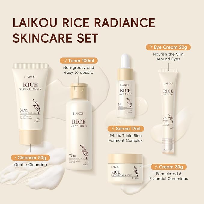 LAIKOU Korean Skin Care, Skin Care Set, Solid Shampoo, Eye Mask, Overnight Mask with Rice Cleanser, Toner, Eye Cream, Glow Serum,Cream for Women Teen Girls Mom Daughter Mother's Day Christmas Birthday