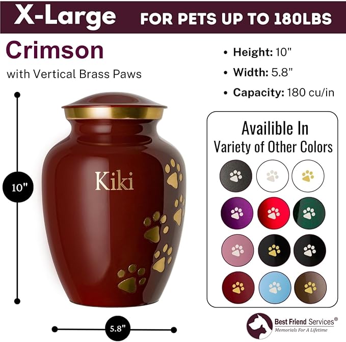 Pet Urn for Dogs and Cats with Personalized Laser Engraving, Ottillie Paws Premier Series Memorial Urns (X-Large Crimson with Vertical Brass Paws)