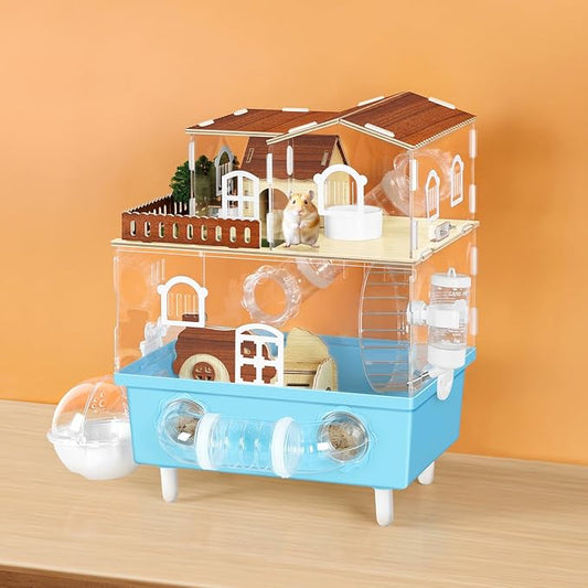 Large Hamster Cage 2 Tier Acrylic Hamster Habitat with Hideout & Running Wheel Blue Dwarf Hamster House for Dwarf Gerbils Syrian Hamsters, Blue, 13.3''L* 9.8''W* 17.4''H