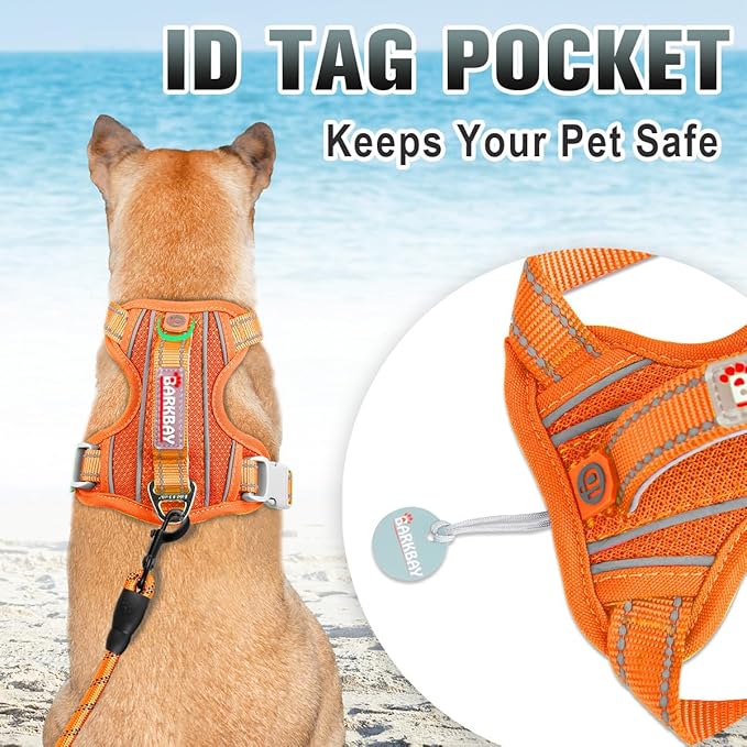 BARKBAY No Pull Dog Harness Large Reflective Dog Harness with Front Clip and Easy Control Handle for Walking Training Running with ID tag Pocket(Orange,XS)