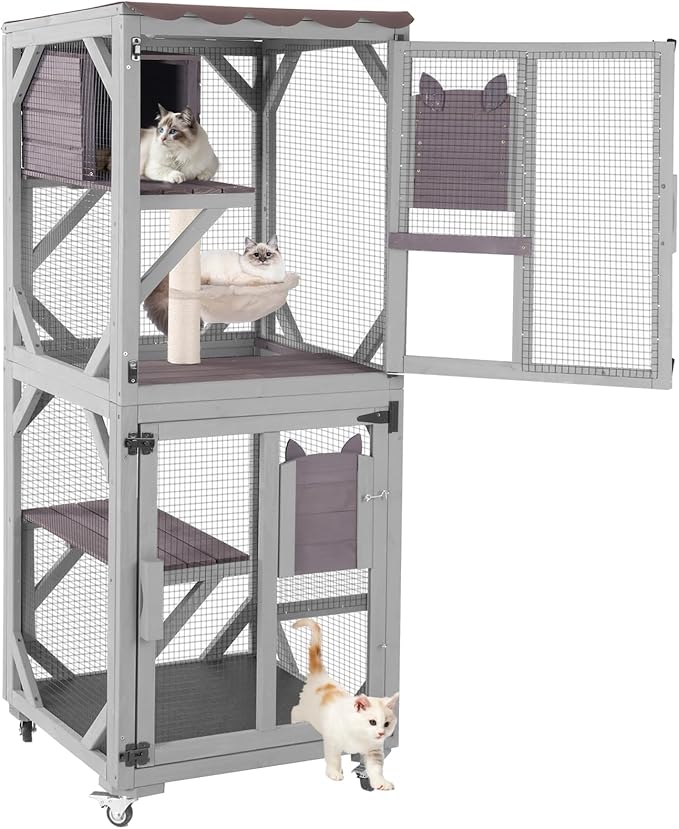 Catio Outdoor Cat Enclosure, 4 Tiers Outdoor Cat House with Wheels, Kitty Cages Indoor Large Window Catio -Waterproof Roof