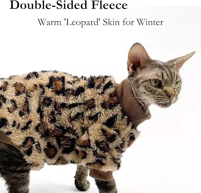 Cat Leopard Double-Sided Fleece Pullover, Soft Warm Clothes for Hairless Sphynx, Devon & All Indoor Kittens in Winter (Leopard,L)
