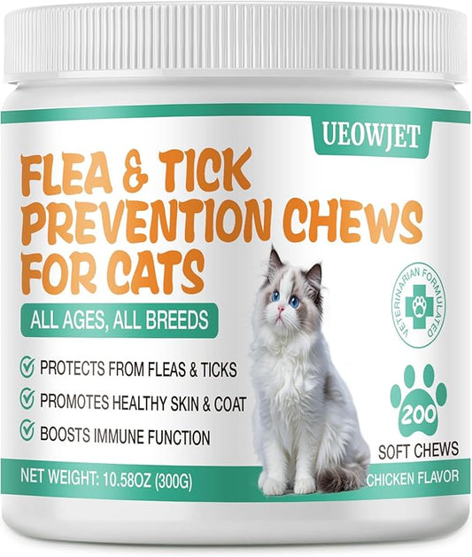 Flea and Tick Prevention for Cats Chewables, Kitten Cat Flea Treatment, Oral Flea Supplement Skin & Coat Support, Chicken Flavor 200 Counts