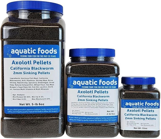 Aquatic Foods Inc. Axolotl Blackworm Pellets. 2mm-1/16 Sinking California Blackworm Small Pellets for Small Axolotl, Frogs, Shrimp, Salamanders, Newts, Snails…5-lbs 6oz Jar