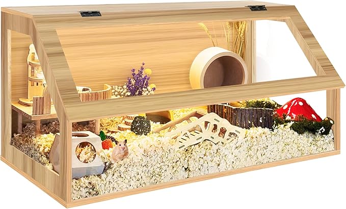 PROLEE Hamster Cage Chewproof, Sloped Mice and Rat Habitat with Clear View, Solid Built with Lockable Design and Openable Top (Oak)