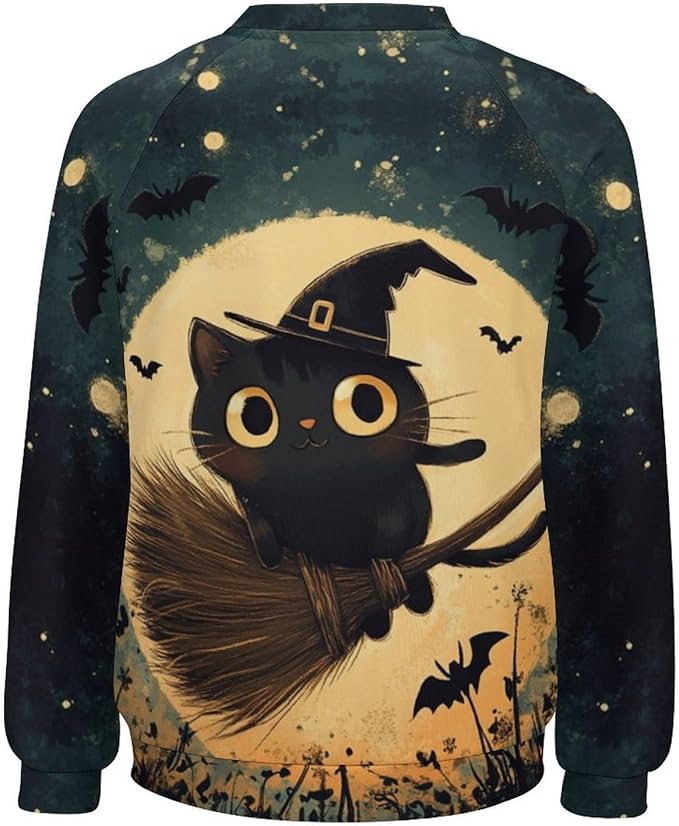 Halloween Sweatshirts for Women Black Cat Print Pullover Crewneck Oversized 2024 Fall Fashion Casual Warm Shirt