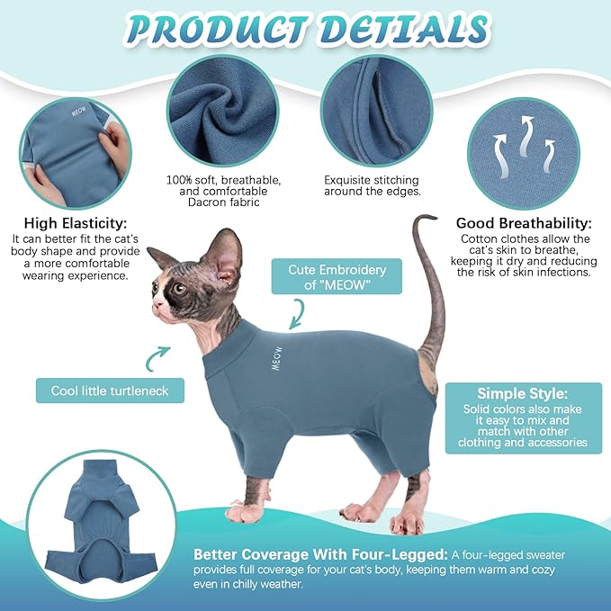 ROZKITCH XS Cat Sweater, Breathable Soft Jumpers for Sphynx Only, Coat with Four Legs, Warm Sweater T-Shirt Pajamas Jumpsuit Vest Cornish Rex, Devon Rex, Peterbald Blue XS