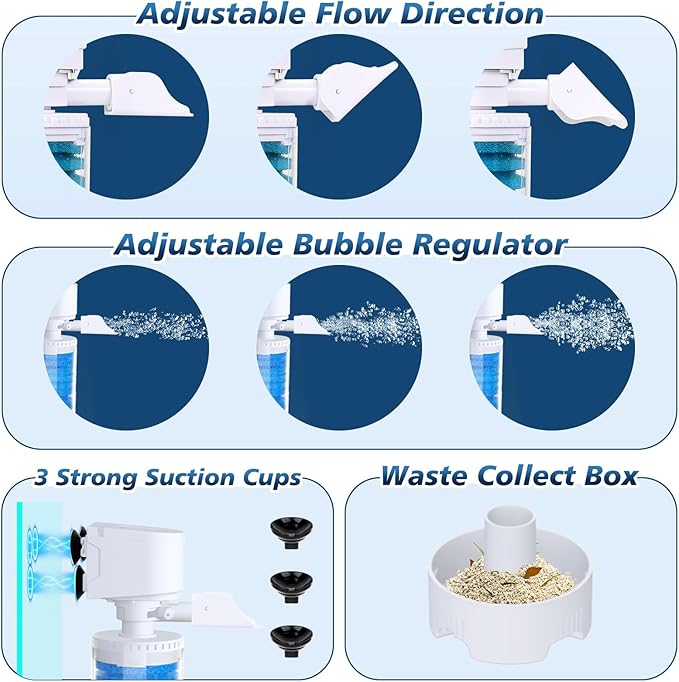20-100 Gal Multifunction Power Aquarium Filter, Up to 320GPH Adjustable Bubble & Silent Dual Mode Internal Fish Tank Filter for Filtration, Oxygenation, Circulation, Wavemaker