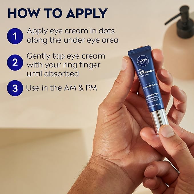 NIVEA MEN Age Defense Eye Cream with Hyaluronic Acid,24-Hour Hydrating Under Eye Cream for Men Helps Reduce Look of Crow's Feet,Fine Lines and Dark Circles,0.5 Fl Oz Tube,(Pack of 2)