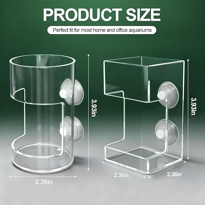 2-Pack Clear Acrylic Aquarium Feeding Stations – Dual Shaped Square & Cylinder Fish Food Dispensers with Suction Cups, Prevent Floating Food & Maintain Tank Clarity