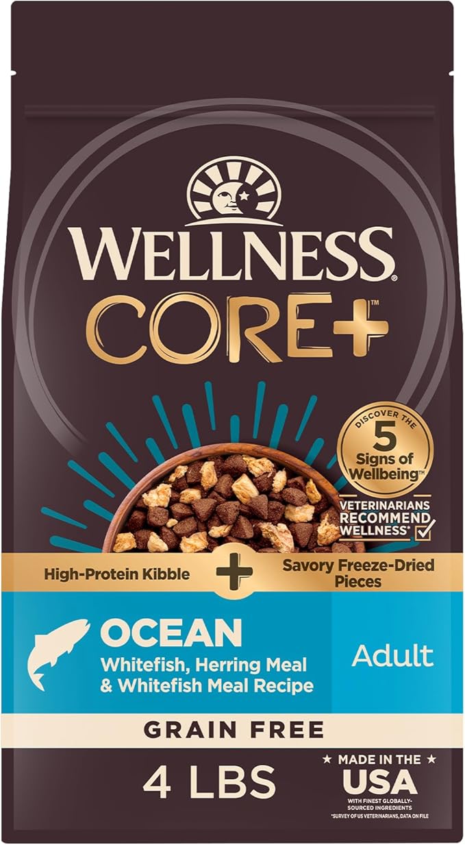 Wellness CORE+ Dry Dog Food with Freeze Dried Pieces, Grain Free, High Protein, Natural, Ocean Whitefish, Herring, & Salmon Recipe, (4-Pound Bag)