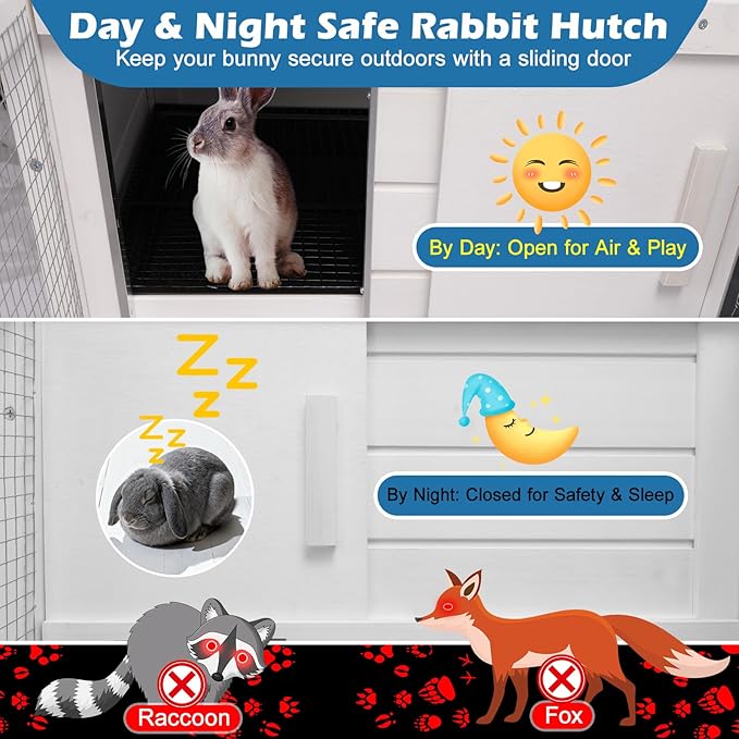 Bunny Hutch Indoor Outdoor Rabbit Cage Chicken Coop Animal House with Wire Floor Above Pull-Out Tray, Chew-Resistant Ramp & Entrance, Openable Waterproof Roof & UV-Resistant Roof