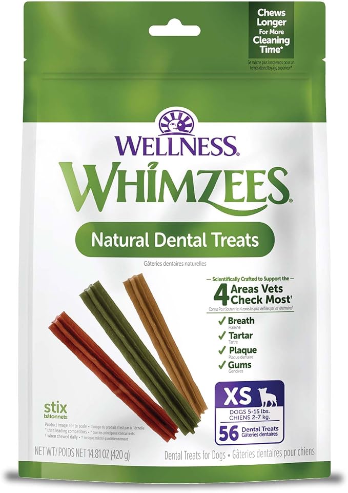 WHIMZEES Wellness Stix Dog Dental Treats, Natural Chews, Extra Small Size Stick, (56 Count)