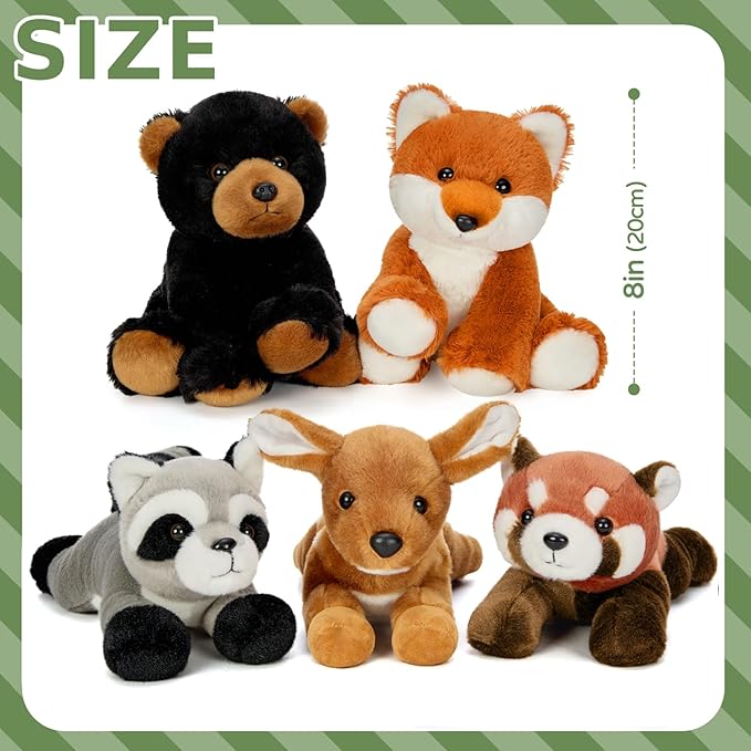 MaoGoLan 6 Pcs Soft Woodland Stuffed Animals Bulk Plush Toys for Girls Kids, 8'' Grizzly Bear Deer Fox Raccoon Red Panda Forest Animal Plushies Set Theme Party Favors Decorations Gifts Christmas