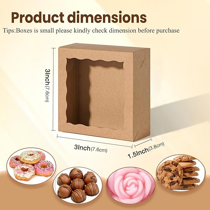 JCXGRVC 50 Count 3"x3"x1.5" Small Brown Paper Gift Boxes with Clear Window for Soap, Cookies & Chocolates Truffles & Showcase Your Homemade Treats