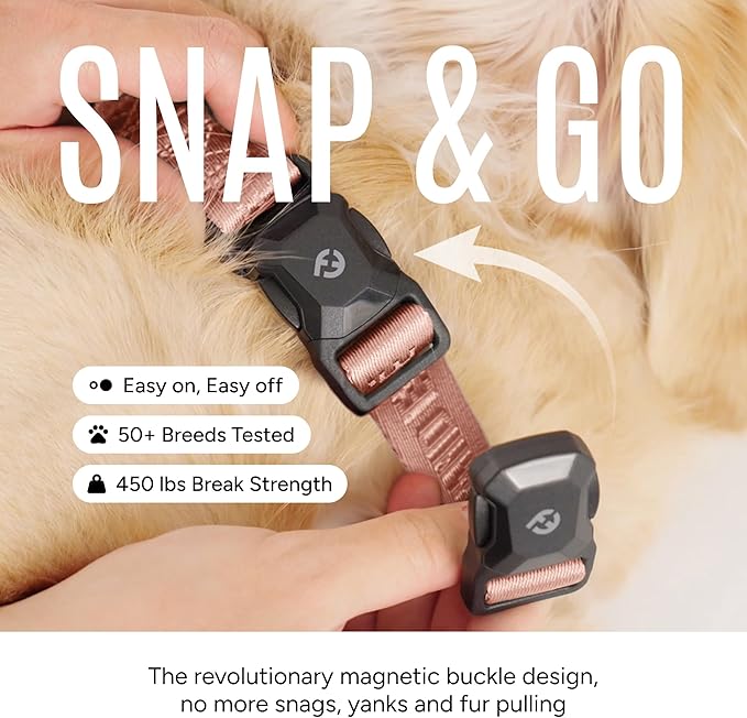 2025 New Edition, Fei & Eve MagEase Dog Collar - Patented Magnetic Buckles | Fur-Safe | Premium 210D Nylon | 450LB Escape-Proof | Adjustable Fit | Medium (Blush)