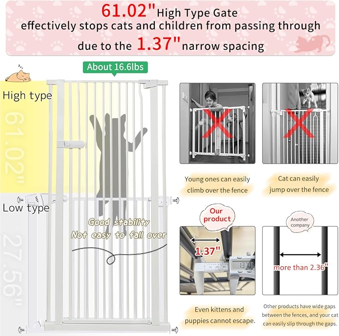 Lumizone Extra Tall Cat Gate 61.02" High Pressure Mounted Extra Wide 2025 New (17 Sizes) 1.37" Gap No Drilling Auto-Close One-Handed Operation Tall Pet Gate for Dogs(White, 61.02" H x 26.18"-29.91" W)