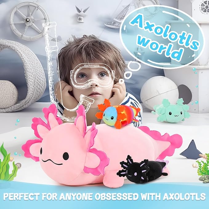 4Pcs Axolotl Plush, Large Pink Axolotl Stuffed Animal Mommy 24 inch with 3 Babies in Tummy, Soft Pillow Toys Gifts for Kids Girls Boys