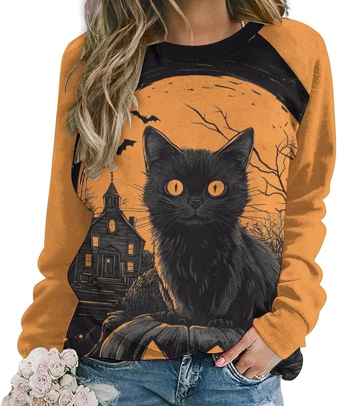 Halloween Sweatshirts for Women Black Cat Print Pullover Crewneck Oversized 2024 Fall Fashion Casual Warm Shirt