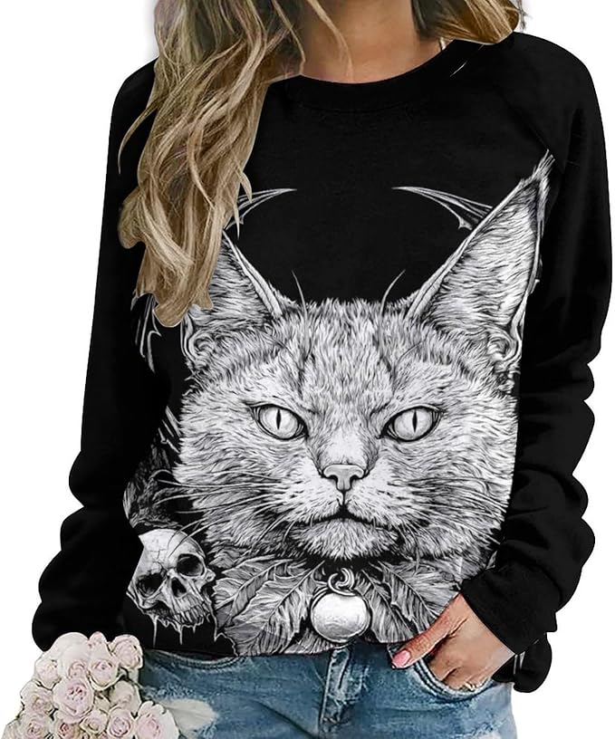Halloween Sweatshirts for Women Black Cat Print Pullover Crewneck Oversized 2024 Fall Fashion Casual Warm Shirt