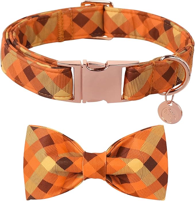 DOGWONG Fall Dog Collar Bow Adjustable Girl Boy Orange Dog Collar Bow Tie Cute Plaid Dog Collar for Small Medium Large Dogs