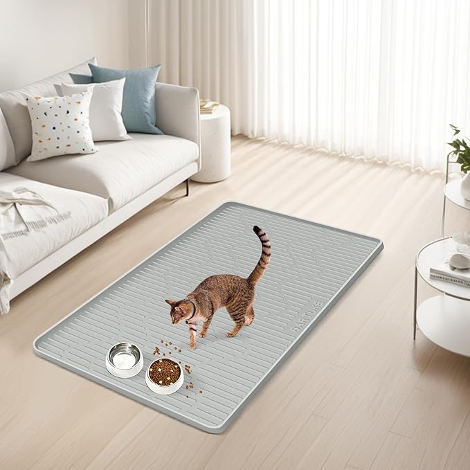 Silicone Cat & Dog Food Mat, 32" x 22" Large Pet Feeding Mat for Cats and Dogs Bowl, Pet Placemat for Food and Water with Raised Edge, Waterproof, Leakproof (Grey)