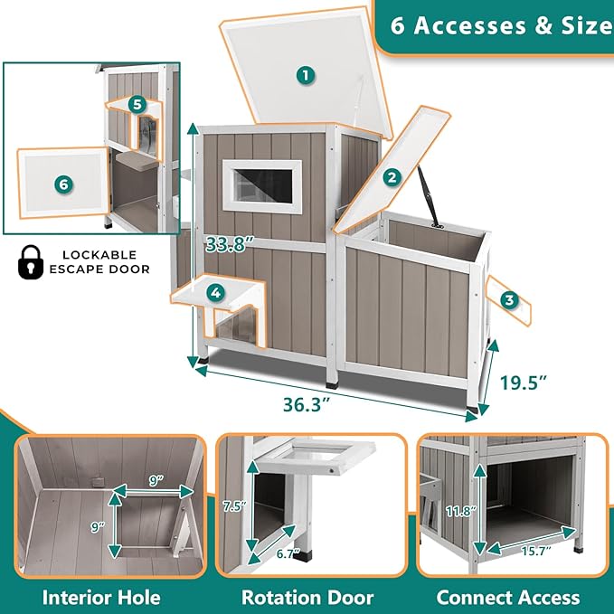 PetsCosset Cat House for Outdoor Cats Outside Feral Cat Shelter Weatherproof Wooden Cat Houses for 2-3 Cats with 3 Rooms 3 Escape Doors 2 Openable Asphalt Roofs