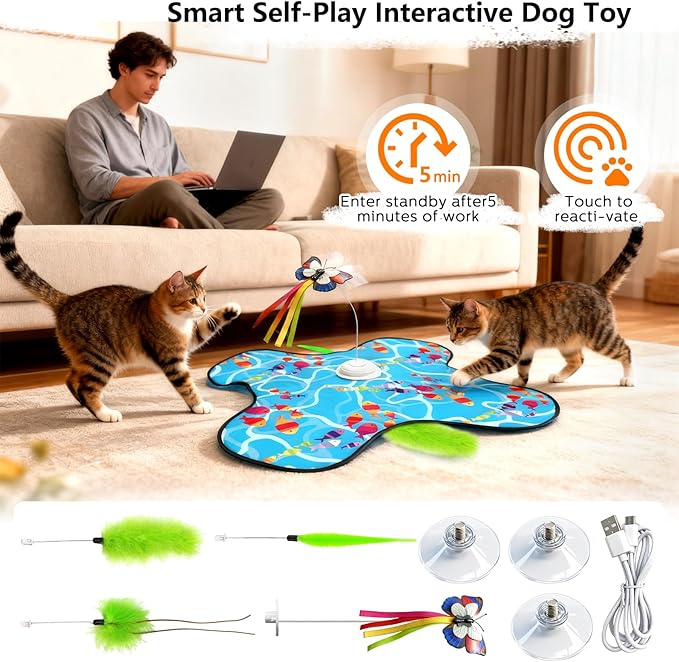 Interactive Cat Toys for Indoor Cats: Fluttering Butterfly, Moving Concealed Feathers, Realistic Animal Sounds - Rechargeable & Touch Activated Cat Toy for Bored Adult Cats