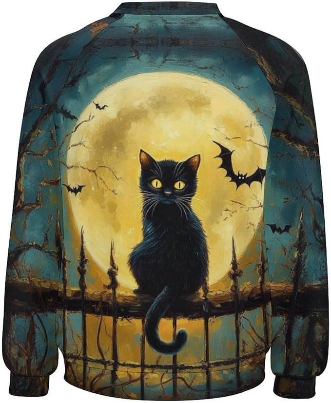 Halloween Sweatshirts for Women Black Cat Print Pullover Crewneck Oversized 2024 Fall Fashion Casual Warm Shirt
