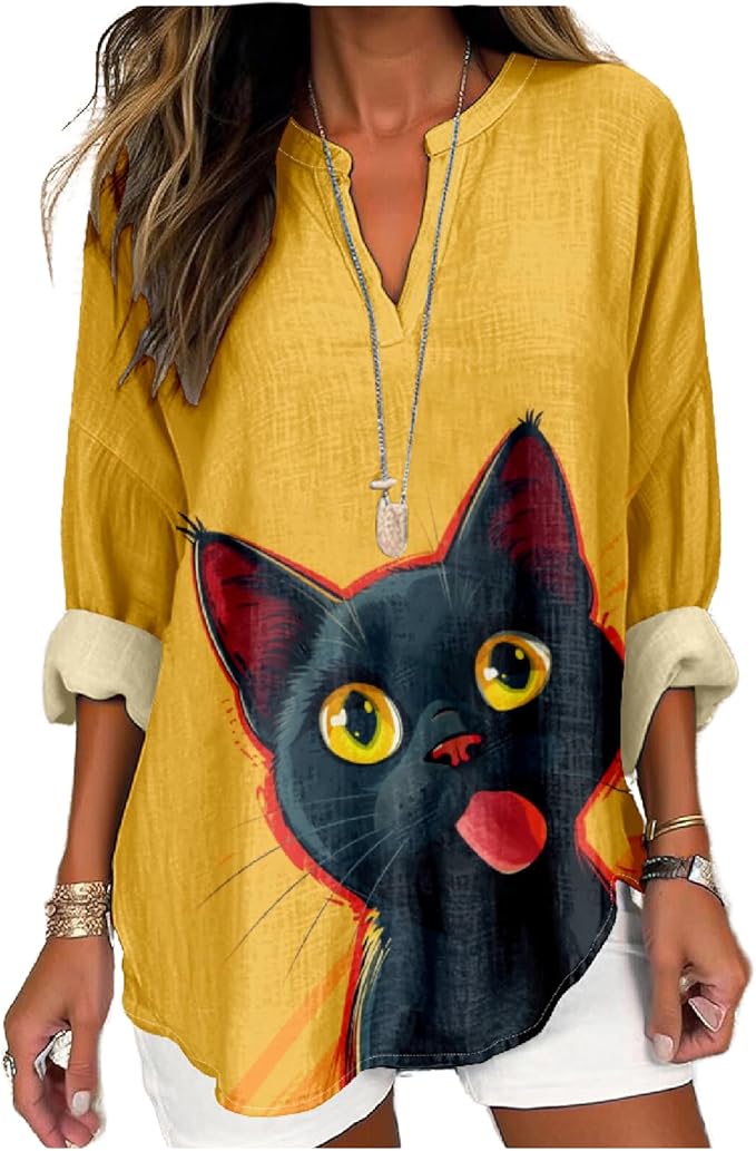 MARSVOVO Cat Shirts for Women Long Sleeve Cute Cat Pullover Graphic Novelty V Neck Blouse Oversized Funny Tunic Tops