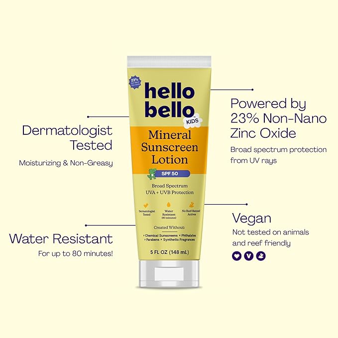 Hello Bello Kids Mineral SPF 50 Sunscreen Lotion with Broad Spectrum UVA + UVB Protection, Water Resistant and Reef Friendly Sun Protection for Babies and Kids, 5 fl oz (Pack of 1)
