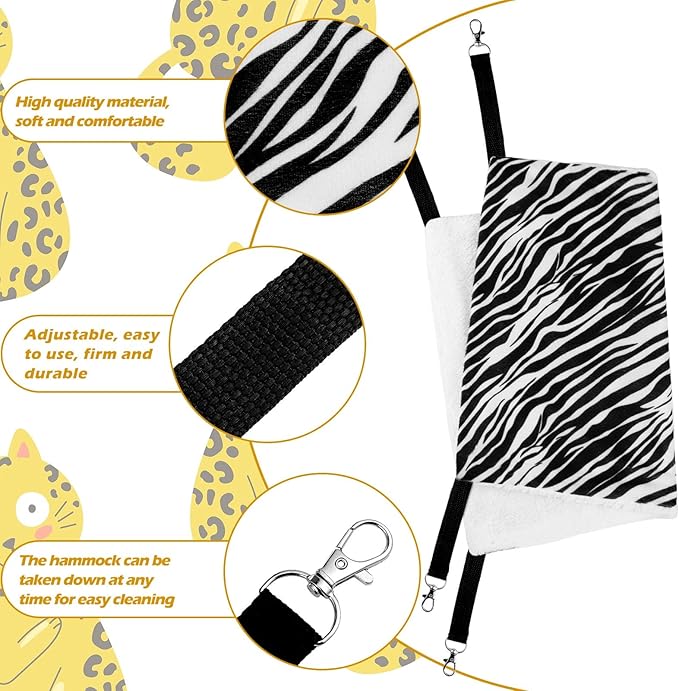 Jetec 2 Pieces Reversible Cat Hanging Hammock Soft Breathable Pet Cage Hammock with Adjustable Straps and Metal Hooks Double Sided Hanging Bed for Small Dogs Rabbits(Zebra, Tiger Stripes,L)