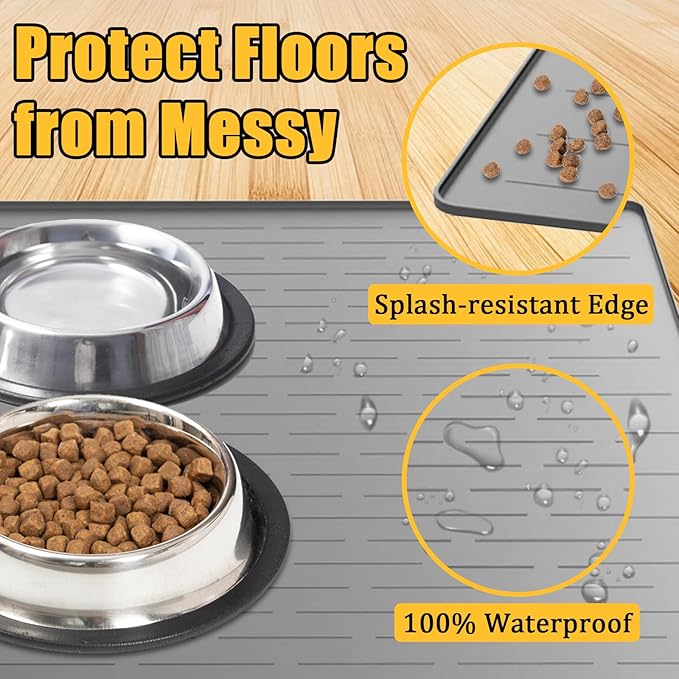 1.5MM Super Thick Dog Food Mat, 40"x30" Silicone Dog and Cat Mats for Food and Water Bowls, Waterproof Pet Feeding Mat for Contain Spills Protects Floors, Multiple Colors & Sizes for Pets, Brown