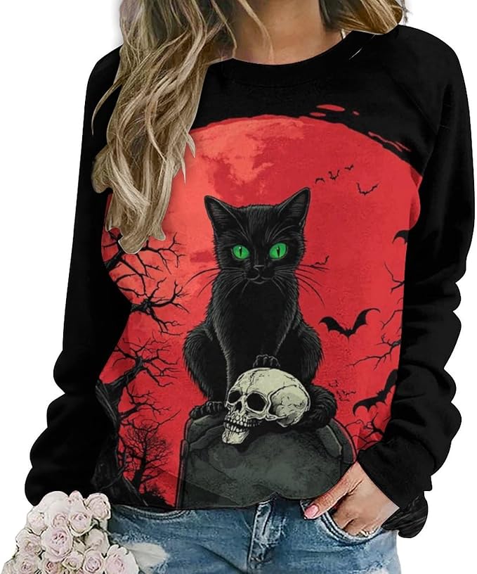 Halloween Sweatshirts for Women Black Cat Print Pullover Crewneck Oversized 2024 Fall Fashion Casual Warm Shirt