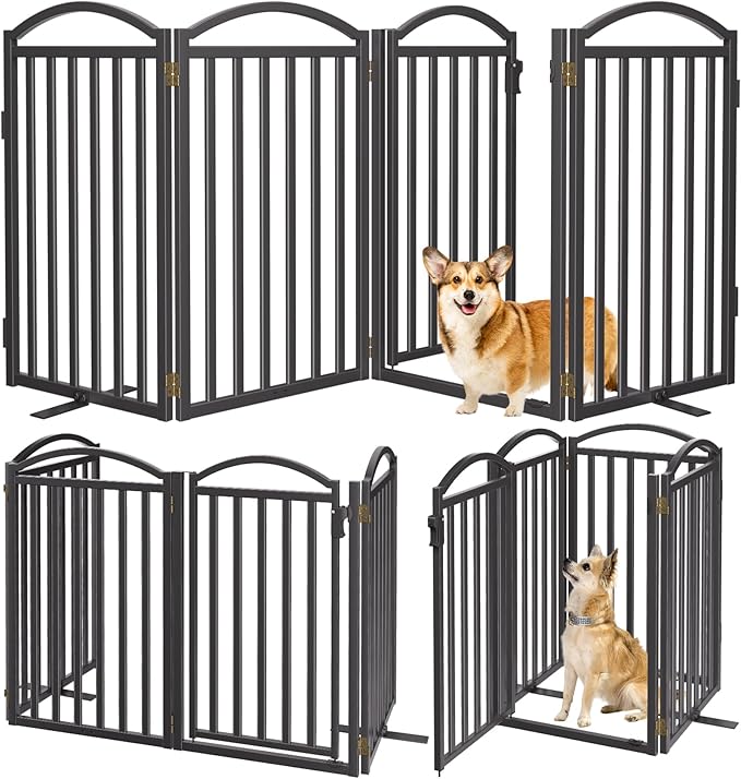 Malier Metal Freestanding Dog Gates with Door, 36'' Height Outdoor Indoor Dog Fences, Extra Wide Foldable Puppy Gate for Stairs (Black, 【4 Panels with Door】 80''W × 36''H)