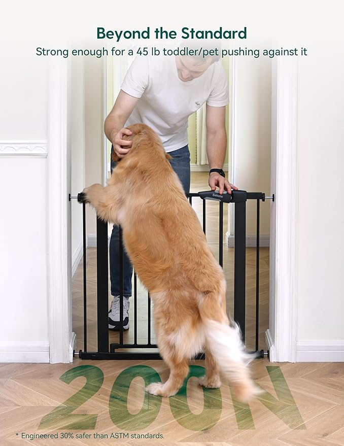 BABELIO 36" Tall Baby Gate PressGuard P7, 29-48" Auto-Close & Pressure Mounted, Black Steel Dog Gate for Stairs & Doorways