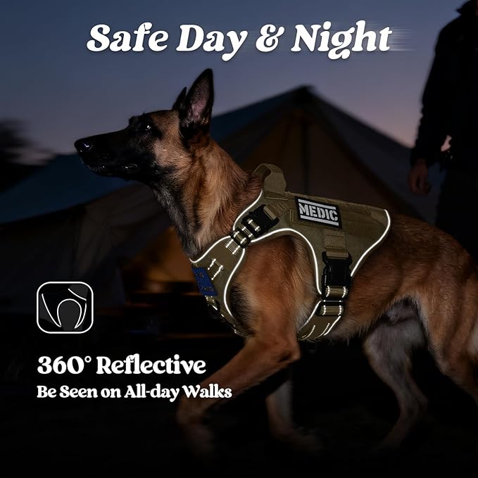 rabbitgoo Tactical Dog Harness for Large Dogs, No Pull Upgraded Reflective Heavy Duty Molle Vest with Handle, Adjustable Military Service Dog Vest for Walking Hiking Training, Brown, XL