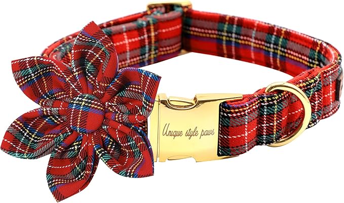 Uniqe Style Paws Christmas Grid Dog Collar, Female or Male Adjustable Puppy Collar with Flower, Durable Floral Pattern Pet Collar for Small Dogs