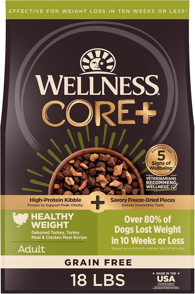 Wellness CORE+ Dry Dog Food with Freeze Dried Pieces, Grain Free, High Protein, Natural, Healthy Weight Turkey & Chicken Recipe, (18-Pound Bag)