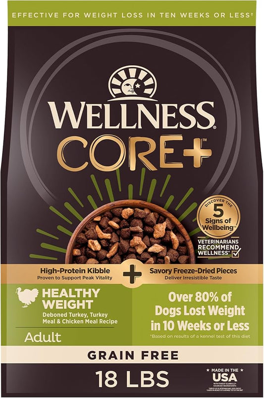Wellness CORE+ Dry Dog Food with Freeze Dried Pieces, Grain Free, High Protein, Natural, Healthy Weight Turkey & Chicken Recipe, (18-Pound Bag)