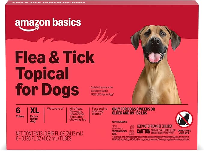 Amazon Basics Flea and Tick Topical Treatment for Dogs, X-Large (89-132 lbs), Fast Acting and Long Lasting, 6 Counts, Packaging May Vary