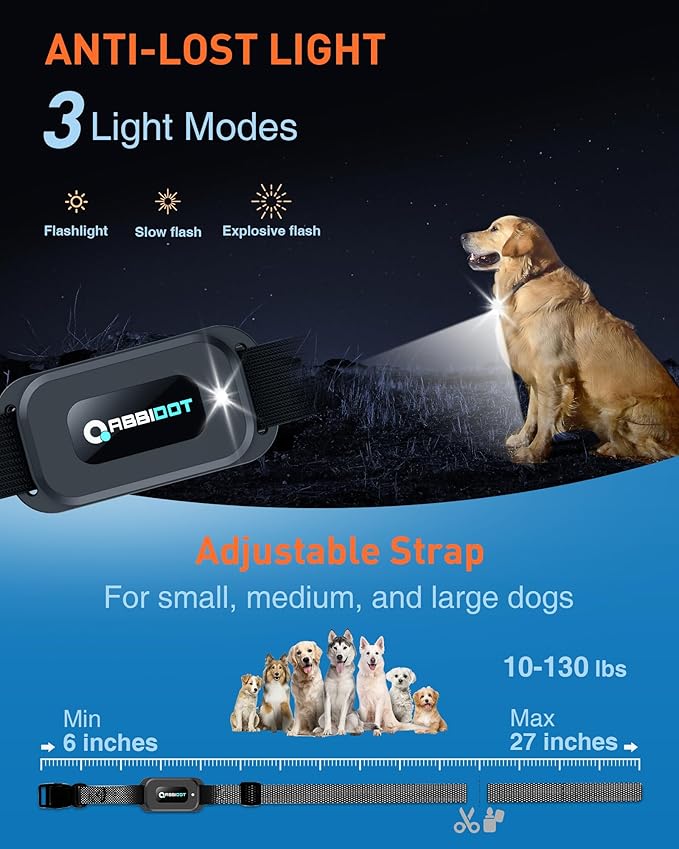 ABBIDOT Dog Shock Collar, 4500FT Dog Training Collar with Remote，IPX7 Waterproof Rating，6 Training Modes (Beep, Vibration, Safe Shock), Enhanced Night Light, Rechargeable E-Collar for Dogs 10-130 lbs