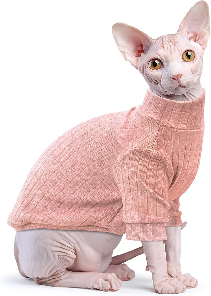 Idepet Sphynx Hairless Cats Sweater Shirt Kitten Soft Puppy Clothes Pullover Cute Cat Pajamas Jumpsuit Cotton Apparel Pet Winter Turtleneck for Cats and Teacup Chihuahua Small Dogs(Pink,L)